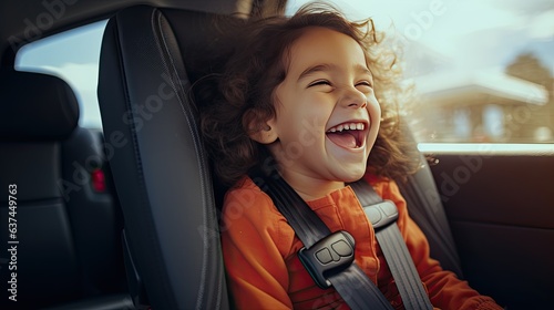 Little girl sitting in child car seat with seat belt fastened and smiling