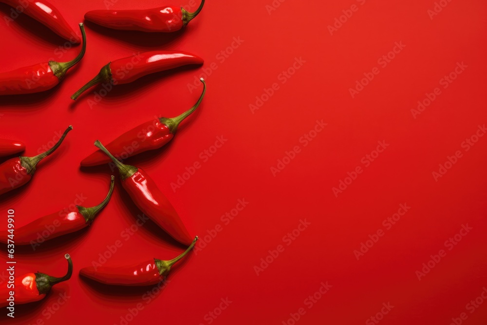 Red chilis on red background. Overhead view.