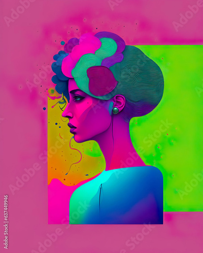 Pink green self-portrait woman side face colourful AI image generator photo