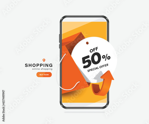 Circular white promotional label with the text special offer 50%off placed inside an orange shopping bag and all appear on smartphone screen