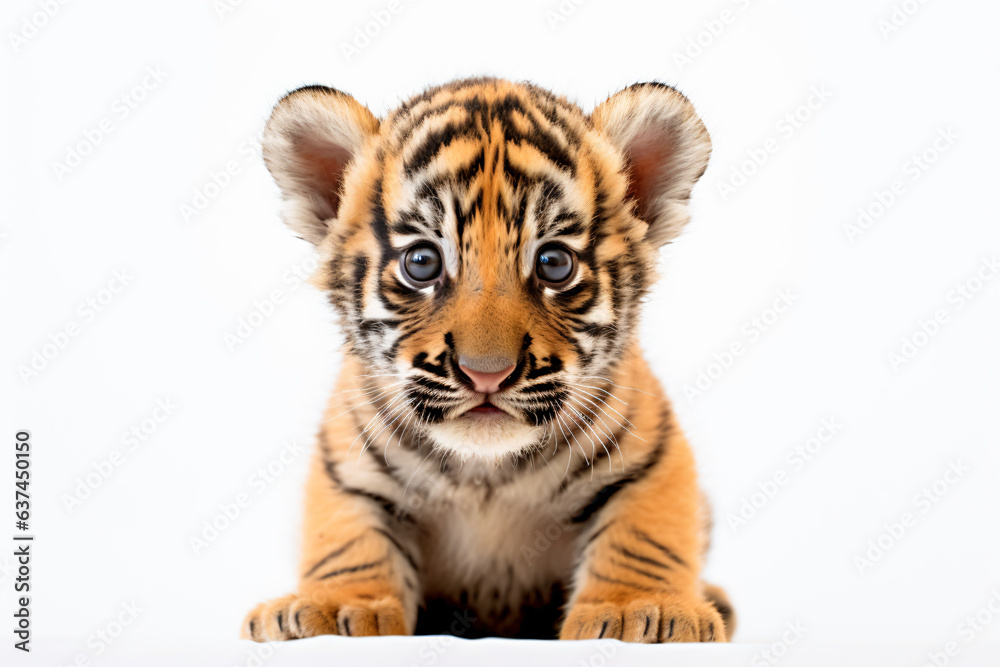 a tiger cub sitting on a white surface