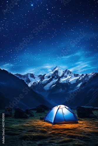 Love to travel to the mountains. A lonely tent glowing inside under the starry sky high in the mountains. Vertical photo.