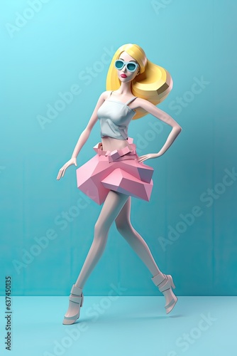 Colourful bright dancer girl model cartoon character. Copy space for your text. Minimal idea concept. AI generative