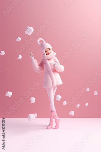 Cartoon style girl with with snowflakes  For winter holiday background celebration card and social media template. AI generative