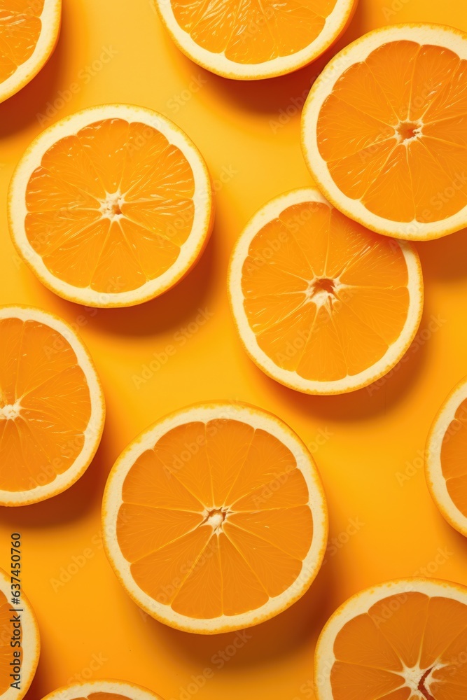 Orange slice on orange background. Overhead view. Orange slice on orange background. Overhead view.