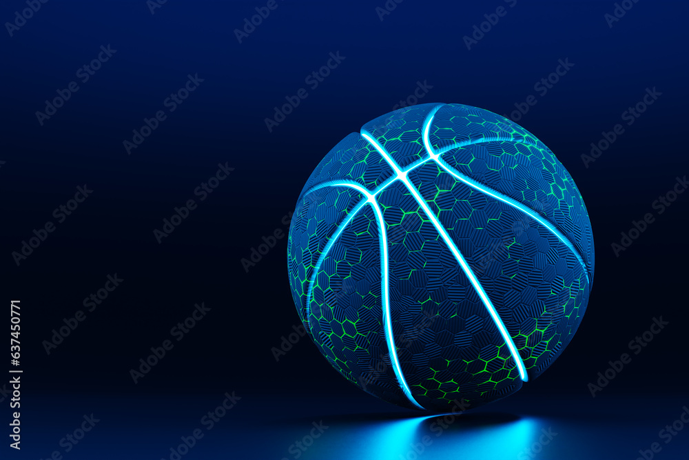 Navy blue basketball ball with neon lines on dark background Stock