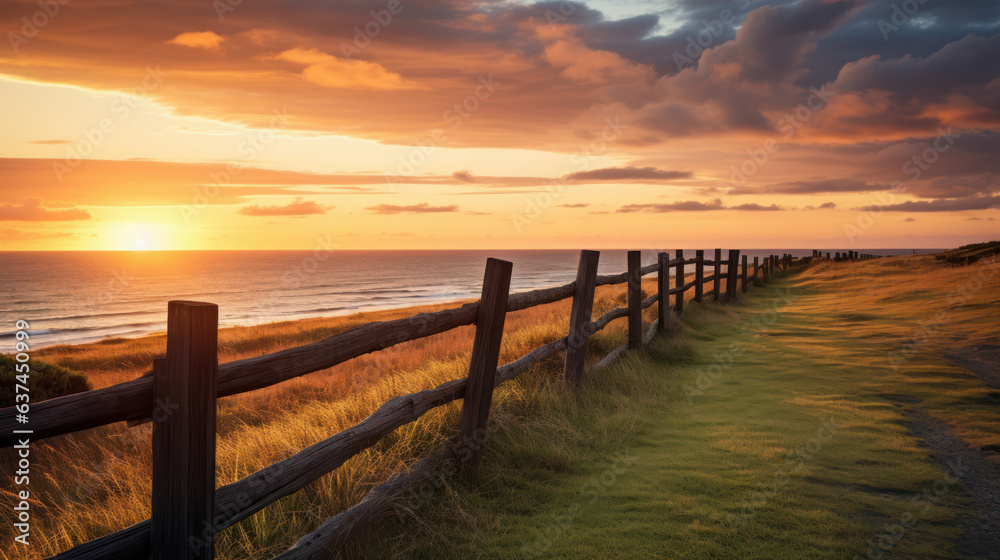 coast landscape with fence and meadow near the sea at sunset