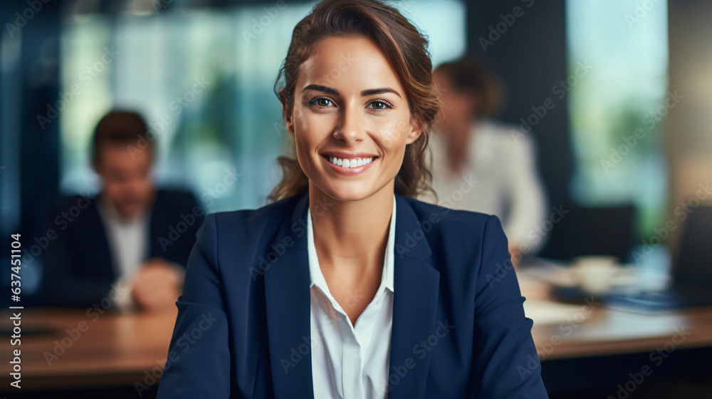 Female manager smiling happily in a office. Dress code - obrazy, fototapety, plakaty 
