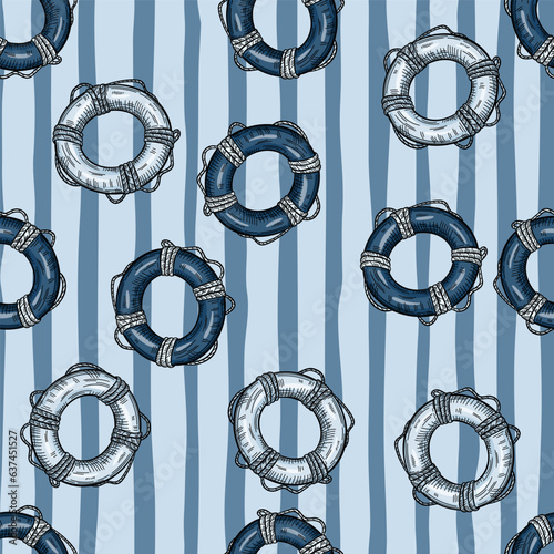 Vintage lifebuoy with rope sketch seamless pattern. Hand drawn life ring in engraving style wallpaper.