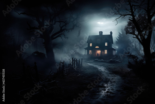 Spooky haunted house with eerie lights and fog © thejokercze