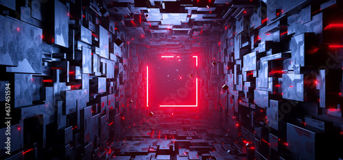 Fototapeta Naklejka Na Ścianę i Meble -  Sci-fi rectangular tunnel with neon red square sign concept background