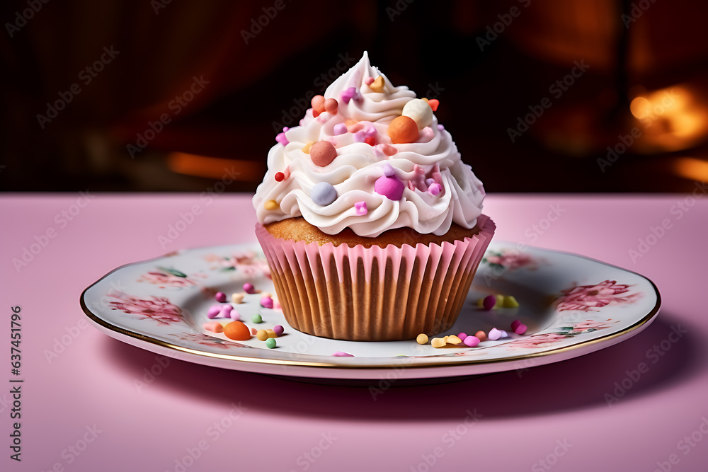 View of plate with delicious and sweet cupcake dessert View of plate with delicious and sweet cupcake dessert