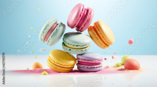 Wallpaper Mural Close-up of macarons cakes of different colors in colorful pink, blue air background. Culinary and cooking concept. Tasty colourful macaroons. Torontodigital.ca