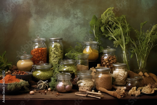 Still life of a variety of herbs and spices arranged in jars and bowls