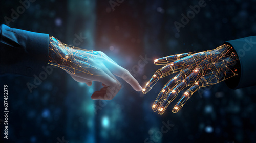 AI, Machine learning, Hands of robot and human touching on big data network connection background, Science and artificial intelligence technology, innovation and futuristic