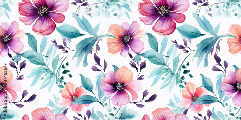 Flower seamless pattern with impressionistic watercolor and wash effects. Concept: Botanicals designed in a dreamy expressive fashion