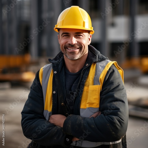 Handsome man Construction worker on a building site with arms crossed cheerful for his job