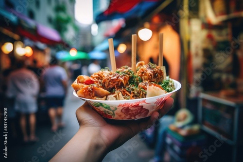 Close up on street food selfie image on defocused asian country street background. Travelling photo.