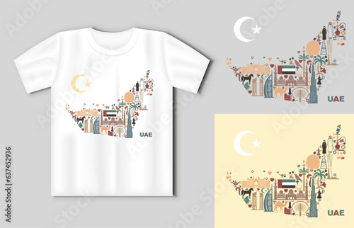 Map of United Arab Emirates consisting of the traditional symbols of Dubai. Travel concept with t-shirt mockup