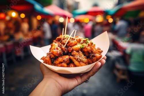 Close up on street food selfie image on defocused asian country street background. Travelling photo.