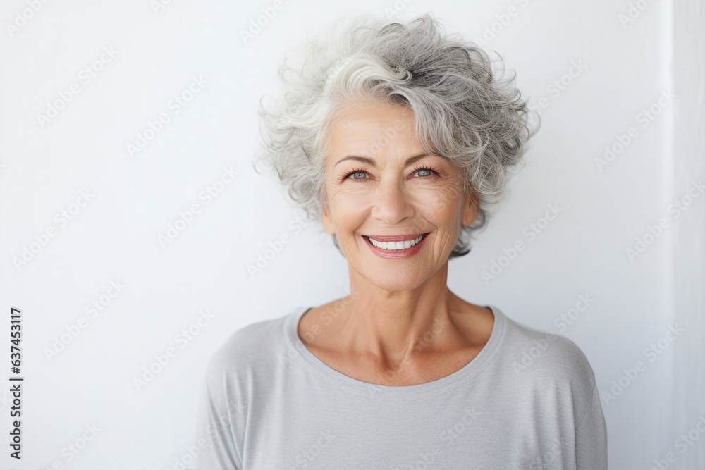Generative ai collage image picture of aged lady happy smiling over grey background Generative ai collage image picture of aged lady happy smiling over grey background