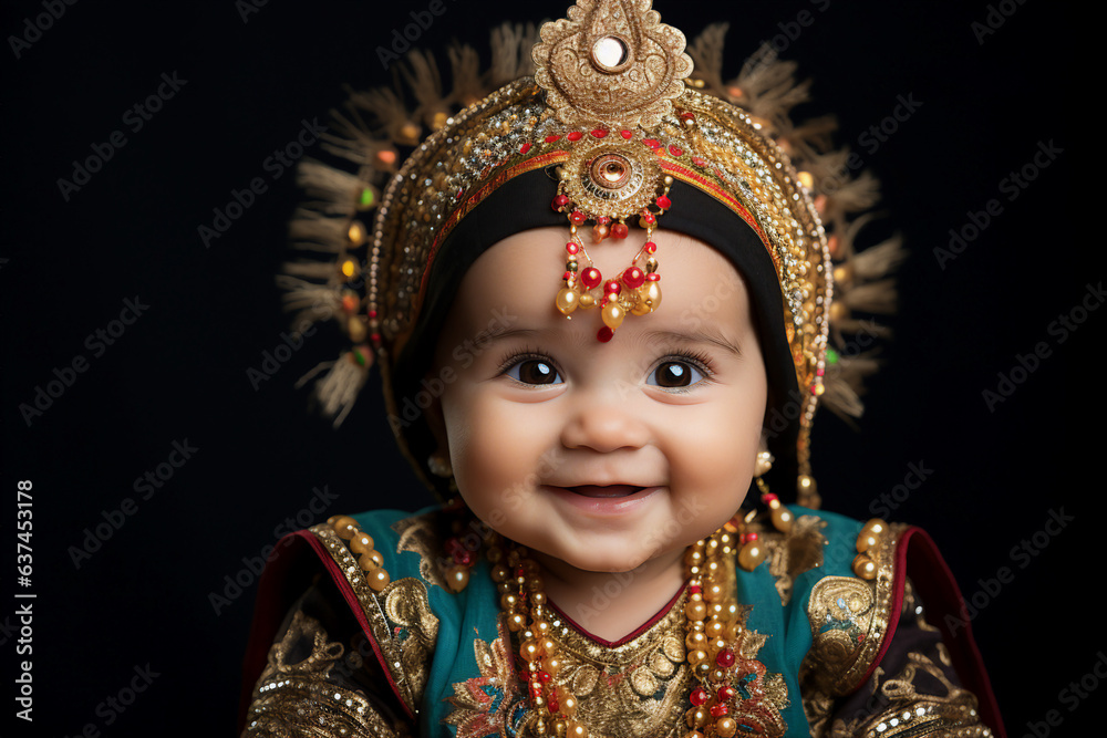 Generative ai collage photo of cute baby wearing indian cultural national outfit on black background