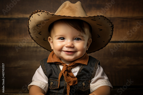 Fotografia, Obraz Funny baby boy wearing a cowboy costume Generative AI picture