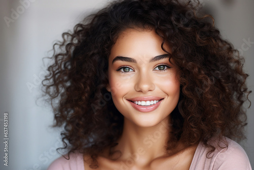 Generative IA picture portrait of young mixed race girl natural beauty stunning curls over light pastel color background
