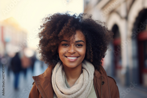 Generative AI picture of young mixed race attractive woman student in the city backdrop