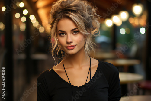 Generative AI picture of young attractive woman in the city lights backdrop