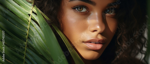 Fototapeta Naklejka Na Ścianę i Meble -  Generative AI picture of beautiful woman among tropical plants exotic palms in green jungle