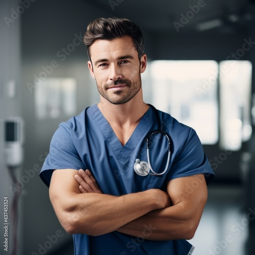 Handsome man medic dietist on hospital, cheerful for his job photo