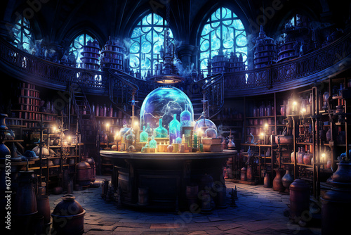 Generative ai collage image picture of alchemist lab with potion cauldron for making magical dark spell