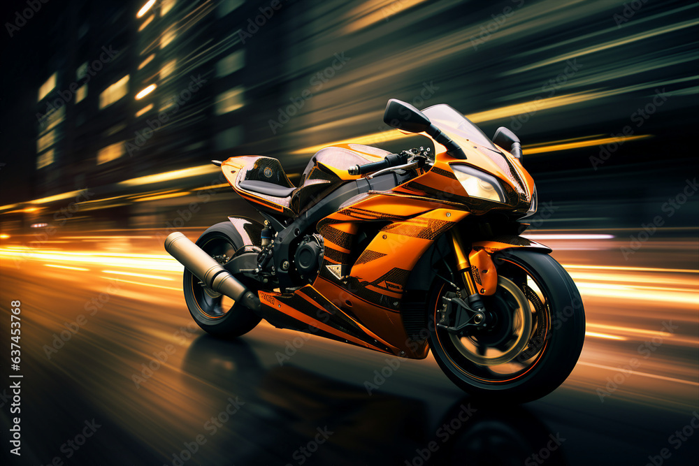 Futuristic image of a speed motorcycle on the road highway created with generative AI