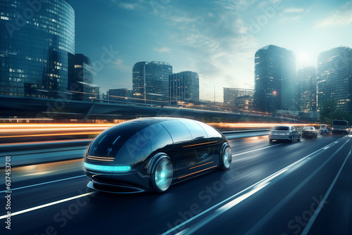 Picture of futuristic fast self-driving modern car on evening city roads under cloudy sky made by generative ai technology © Tetiana