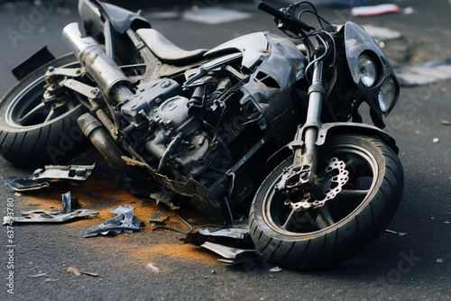 Generative AI photography of traffic accident broken motorbike after crash lying on the street road pavement