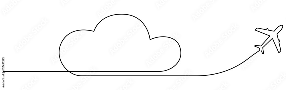 Airplane with cloud continuous one line drawn. Flying plane in sky. Travel linear symbol. Vector illustration isolated on white.