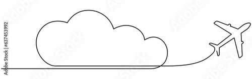 Airplane with cloud continuous one line drawn. Flying plane in sky. Travel linear symbol. Vector illustration isolated on white.