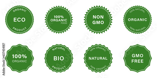 Natural Product Eco Stamp Set. Healthy Organic Vegan Food Silhouette Icons. Bio Herbal Sticker Collection. 100 Percent Ecology Cosmetic. Gmo Free Label, Non Gmo Badge. Isolated Vector Illustration