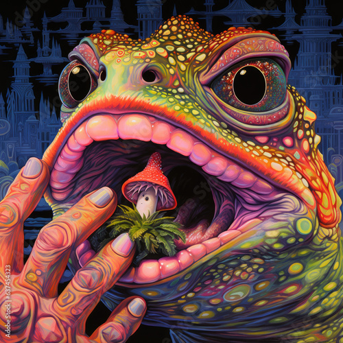 psychedelic toad eats intoxicating mushrooms photo