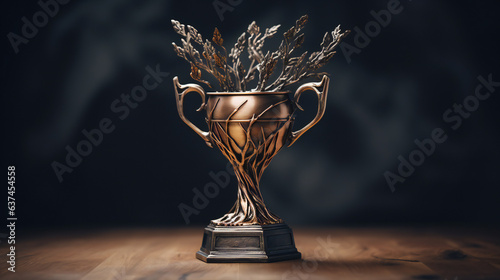 wide angle photo of a a trophy for winning the competition, celebrating the victory, against the black background. Generative AI