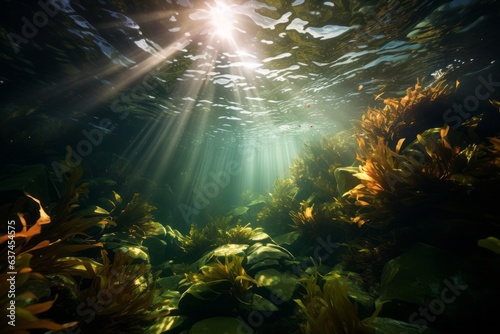 A captivating shot of sunlight filtering through the dense kelp canopy underwater, creating mesmerizing patterns of light and shadow. Generative Ai