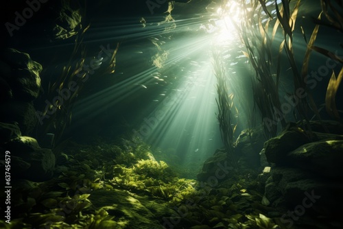 A captivating shot of sunlight filtering through the dense kelp canopy underwater  creating mesmerizing patterns of light and shadow. Generative Ai