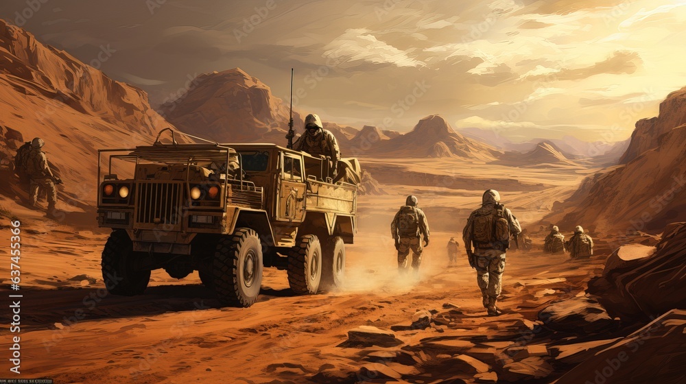 The concept of modern military affairs. Armored car in the desert. An infantry escort and support vehicle during a military operation in the desert. - obrazy, fototapety, plakaty 