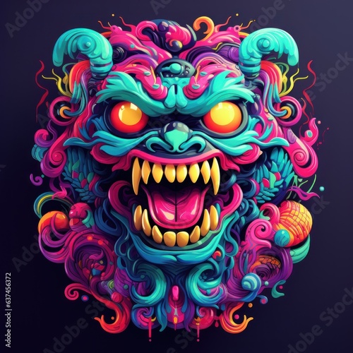A psychedelic monster character with a retro-inspired shirt design that combines fluorescent colors, swirling patterns, and abstract shapes
