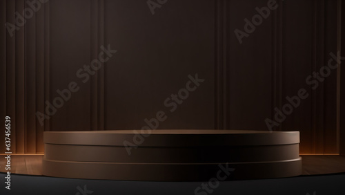 dark wood podium on dark background, 3D render