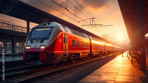 Commuter Train at Beautiful Modern Railway Station during Sunset: Generative AI