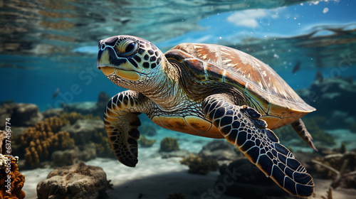 The sea turtle swims in the clear water of the ocean.