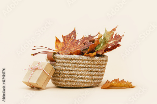 Fall Gift or Sale concept. golden maple leaves in a woven basket and gift box. autumn decor. Copy space. Thanksgiving. order delivery banner. Warm subtle mood colors