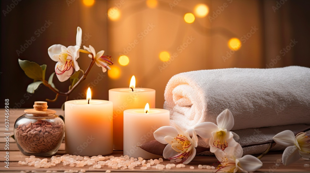 Unwind at the Spa: Beauty and Relaxation with Candles and Massages. Generative AI